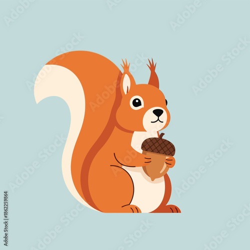 A cartoon red squirrel holding an acorn in its paws.