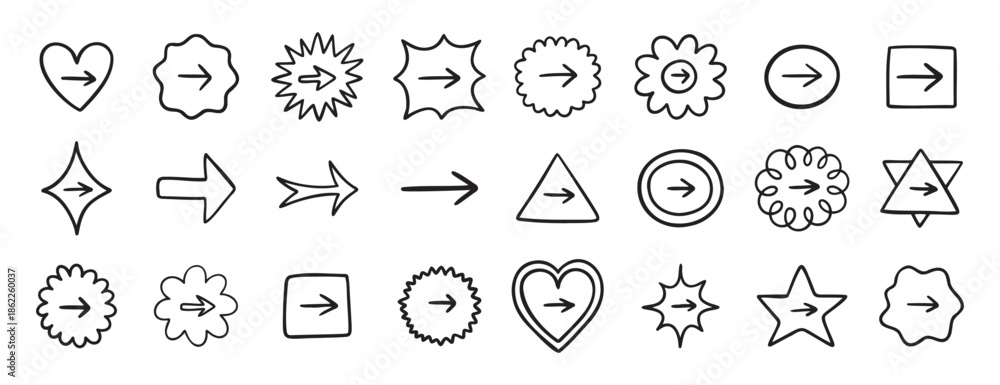 Fototapeta premium Cute arrow in frame set for bullet journal doodle hand drawn icon set. Diary note arrow elements in the shape of flower, star, heart, circle.