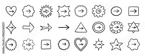 Cute arrow in frame set for bullet journal doodle hand drawn icon set. Diary note arrow elements in the shape of flower, star, heart, circle.