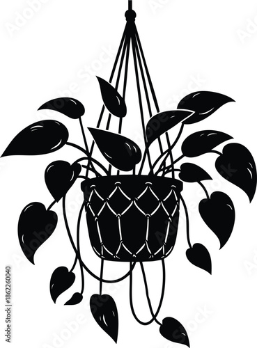 Hanging potted plant silhouette macrame hanger detail simple vector illustration for home decor and interior design concepts on an isolated white background