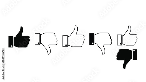 A collection of hand gestures depicting thumbs up and down alongside other hand signs presented in a black and white illustration