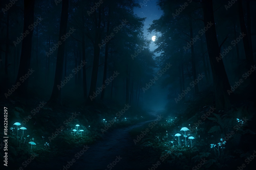 Fototapeta premium Mystical forest path at night with bioluminescent mushrooms under a full moon