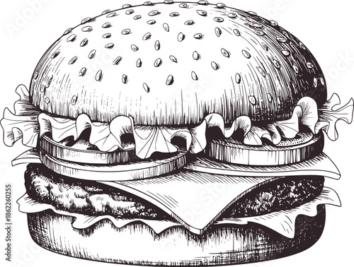 Detailed monochrome line of a hamburger with sesame seed bun