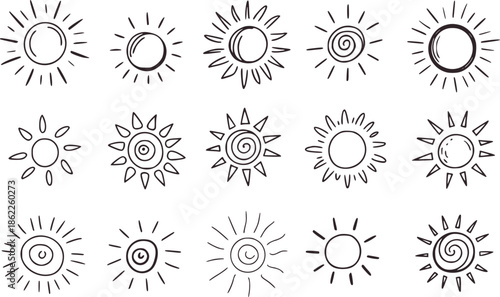 Fifteen varied black and hand drawn sun in different styles