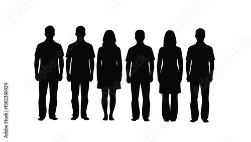 A row of six silhouetted figures stands against a plain white background displaying a simple and minimalist composition