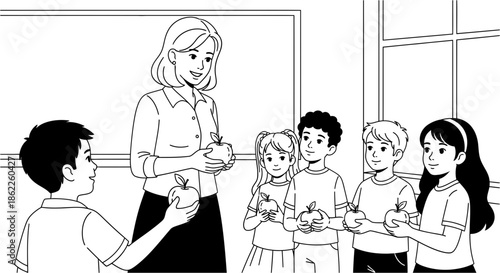 Teacher distributing apples to students in classroom - a heartwarming scene of education and sharing, fostering a positive learning environment