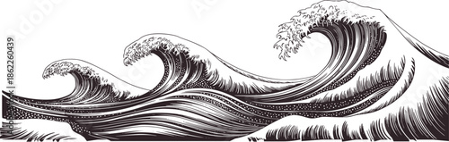 Monochrome of Three Large Ocean Waves Crashing in Detailed Line