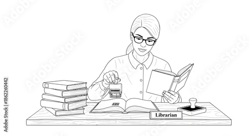 An attentive librarian diligently processes new acquisitions, carefully stamping books at her organized desk, ensuring every volume is ready for eager readers