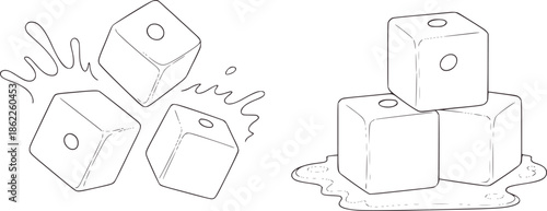 Scattered and stacked dice melting in minimalist line style