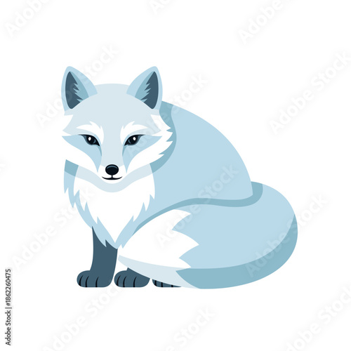 A cartoon blue fox with white fur sitting on a white background.