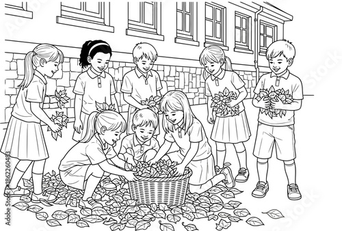 Children working together to collect fallen leaves in a large basket, illustrating teamwork and the joys of autumn activities during school or outdoor playtime