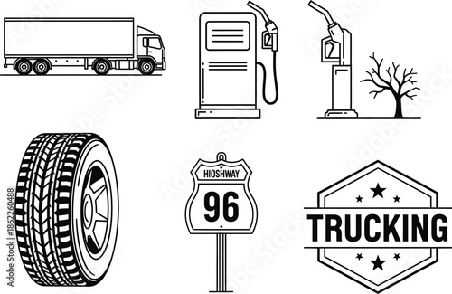 Black line art truck trailer sign fuel tire highway trucking vector bundle no gradients transport badges