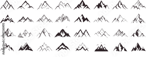 Thirty unique black and handdrawn mountain peaks collection