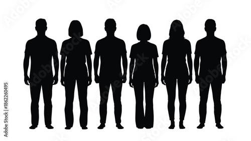 A line of six anonymous black silhouettes representing people standing in a row against a plain white background