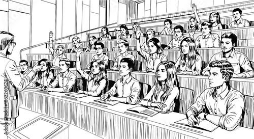 Classroom scene with diverse students raising hands to answer teacher's question, engagement in education and learning concept