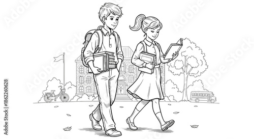 Two young students, a boy and a girl, walk home from school carrying books and backpacks, with a building and a bicycle in the background, black and white line drawing illustration