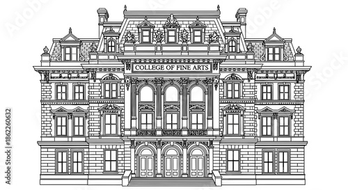 Detailed black and white illustration of a grand architectural building with ornate details, the facade displays a central arched entrance and multiple windows