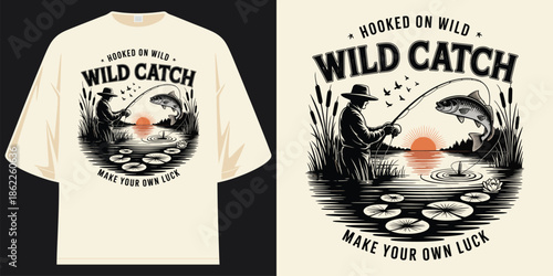 hooked on wild wild catch fishing lake sunset fisherman outdoor adventure vintage retro graphic tee t shirt design vector illustration artwork