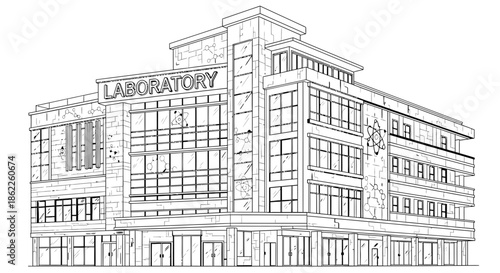 Architectural Blueprint of a Modern Laboratory Building with Prominent Signage, Showcasing a Clean, Scientific Design and Professional Ambiance for Research and Development