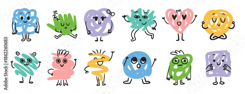 Abstract funny scribble characters different emotions and faces. Cute doodle hand drawn characters set.