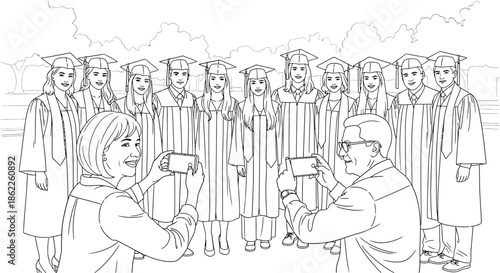 A Group of Graduates in Caps and Gowns Posed for Photographs with Adults Holding Up Smartphones to Capture the Memorable Moment