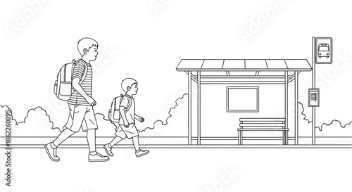 Clean line art illustration shows two young students, brothers perhaps, walking with backpacks along a street past an empty bus stop, representing daily school commute