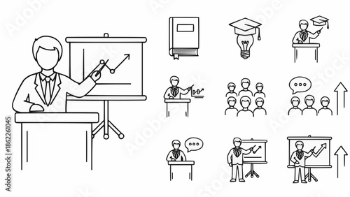 Line Art Depiction of Education and Presentation Concepts.