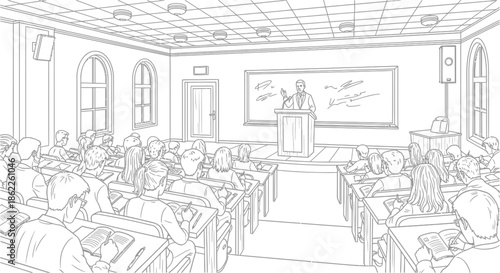 Engaged students attentively listen to an inspiring lecture in a well-lit traditional university classroom, fostering an environment of active learning and intellectual growth