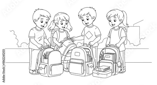 Diverse group of cheerful young students happily organizing their school supplies and backpacks, ready for a day of learning and adventure