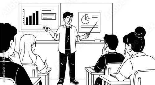 Male presenter explaining charts and graphs on a whiteboard to an attentive audience in a classroom setting, educational seminar illustration