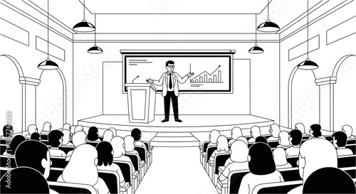 Dynamic business professional delivering an engaging presentation on strategic growth and future success to an attentive audience in a formal conference hall