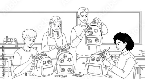 Four diverse young students happily decorating their backpacks with various fun patches and art supplies in a classroom setting, fostering creativity and individuality