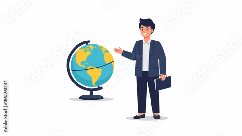 Illustration of a teacher explaining geography with a globe.