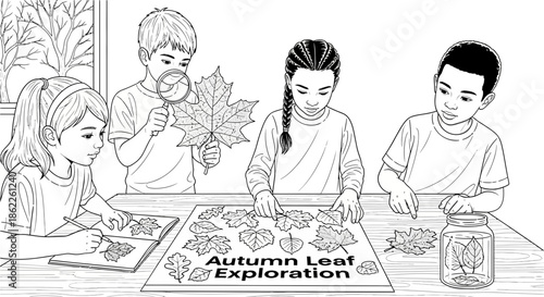 Enthusiastic young students immerse themselves in an engaging autumn leaf exploration project, thoughtfully examining diverse foliage and discovering nature's wonders
