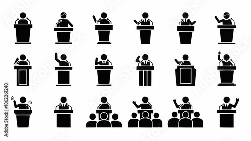 Collection of Speaker Podium Icons for Presentations and Public Speaking.