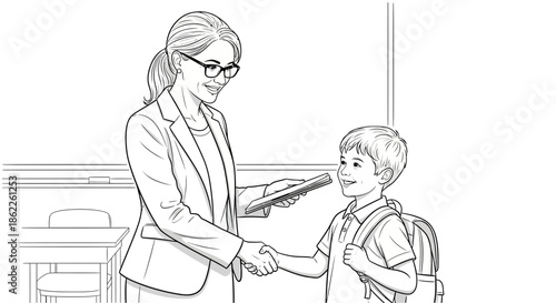 Teacher congratulates a smiling young student in a classroom, handing him a certificate or award, fostering an environment of recognition and achievement in education