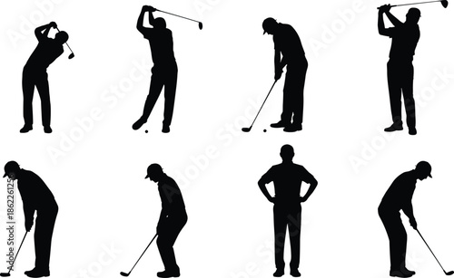 Set of black golfer silhouettes in various poses, golf swing and putting actions icons collection, minimalist sports figures isolated on white background