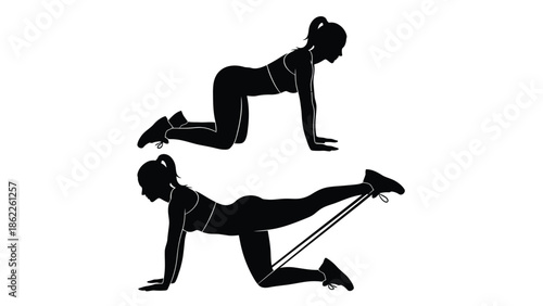 A silhouette illustration depicts a woman performing two variations of a fitness exercise using resistance bands focusing on glute activation