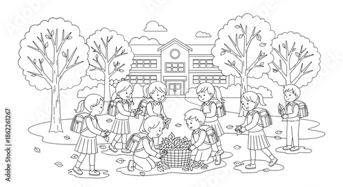 Children gathered around a basket in a schoolyard surrounded by trees