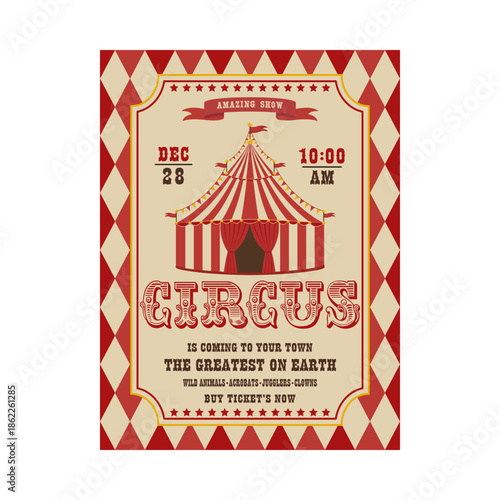 Retro circus show poster design featuring a striped big top tent, decorative typography, and harlequin border.