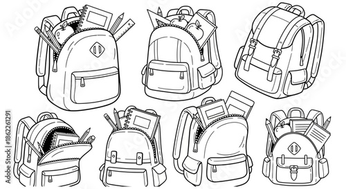 Collection of various backpacks and rucksacks illustrated in different views and styles on a white background