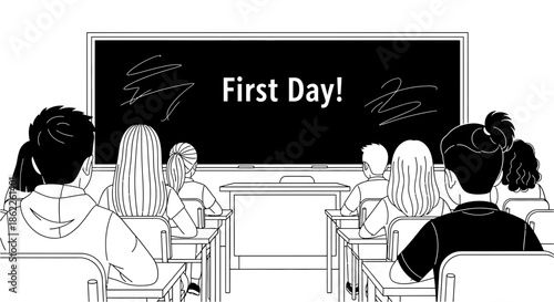 A vibrant new academic journey commences in a bustling classroom, where eager students embark on an educational adventure, marking a significant first day