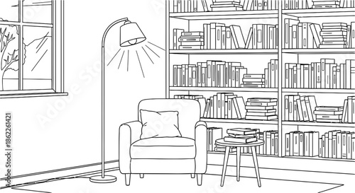 A serene library scene with a chair, lamp, and bookshelves viewed from a calm perspective