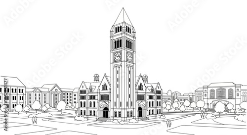 A serene university campus scene with a prominent clock tower, surrounding buildings, and trees viewed from a distance.