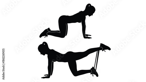 Silhouette of a woman demonstrating glute bridge exercises with and without a resistance band for fitness training
