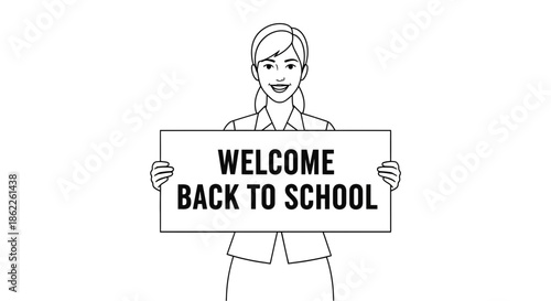 Smiling Woman Holding a "Welcome Back To School" Sign, Perfect for Educational Institutions and Promotional Materials