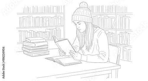 A young woman reading a book while sitting at a desk surrounded by stacks of books in a library