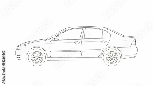Detailed Line Drawing of a Modern Sedan Car.