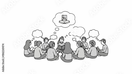 Group of people sitting in circle thinking about book.
