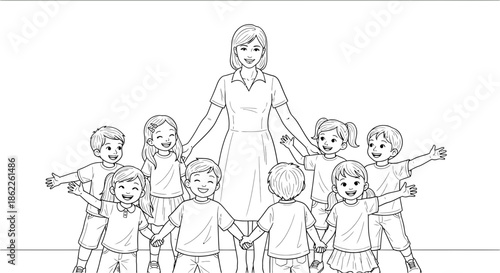 A teacher surrounded by children holding hands in a classroom setting
